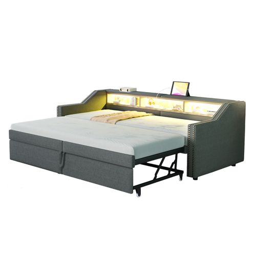 Lit Gigogne 90x200cm Convertible 180x200cm, Rangements + USB, Revêtement Lin, Gris Foncé