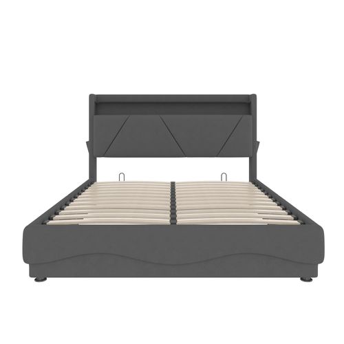 Lit Coffre 160x200 Cm Avec Tête De Lit à Rangement, LED, USB, Sommier, En Velours, Gris Foncé