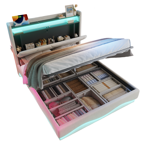 Lit Coffre 140x200 Cm Avec Tête De Lit à Rangement, LED, USB, Sommier, En Velours, Beige