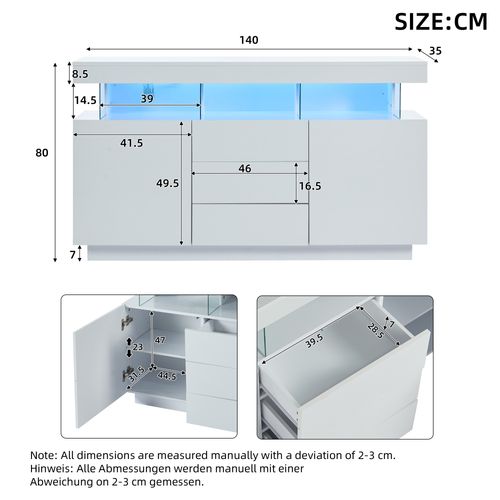Buffet 140x35x80 Cm Avec 2 Portes, 3 Tiroirs, LED, Rangement, En En Panneaux Particules, Blanc