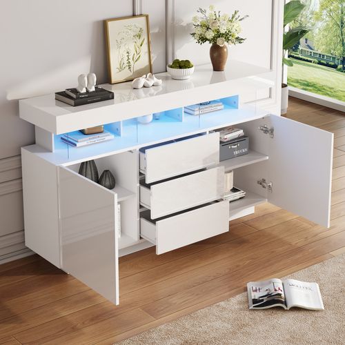 Buffet 140x35x80 Cm Avec 2 Portes, 3 Tiroirs, LED, Rangement, En En Panneaux Particules, Blanc