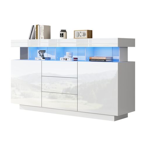 Buffet 140x35x80 Cm Avec 2 Portes, 3 Tiroirs, LED, Rangement, En En Panneaux Particules, Blanc