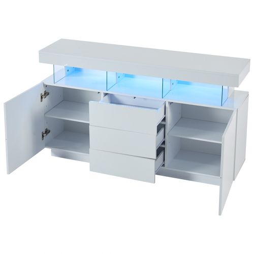 Buffet 140x35x80 Cm Avec 2 Portes, 3 Tiroirs, LED, Rangement, En En Panneaux Particules, Blanc