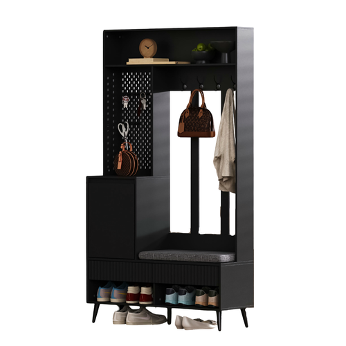 Vestiaire 100x35x180 Cm Avec 2 Tiroirs, 1 Porte, 4 Crochets à Vêtements, En Mdf, Noir