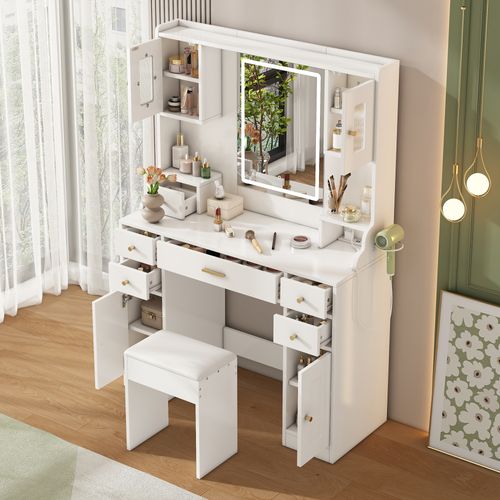 Coiffeuse 105x40x152 Cm Avec Miroir LED, USB-c, 6 Tiroirs, 4 Portes, Support Latéral, Blanche