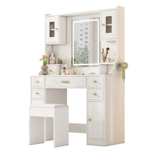 Coiffeuse 105x40x152 Cm Avec Miroir LED, USB-c, 6 Tiroirs, 4 Portes, Support Latéral, Blanche