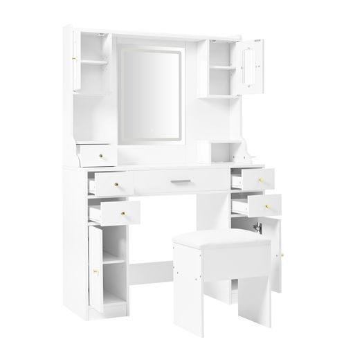 Coiffeuse 105x40x152 Cm Avec Miroir LED, USB-c, 6 Tiroirs, 4 Portes, Support Latéral, Blanche