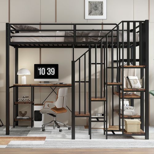 Lit Mezzanine Enfant 120x200 Cm, Lit Simple Avec Bureau, Étagères Et Étendoir à Linge, Métal, Noir