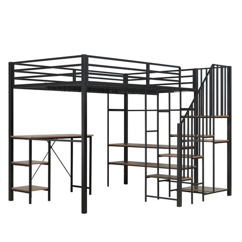 Lit Mezzanine Enfant 120x200 Cm, Lit Simple Avec Bureau, Étagères Et Étendoir à Linge, Métal, Noir