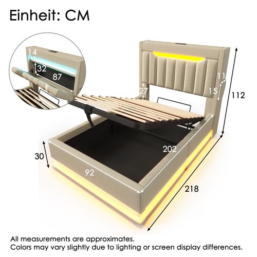Lit Coffre Enfant 90x200 Cm, Lit Simple Avec Charge USB Type-c, LED Et Rangement, Lin, Beige