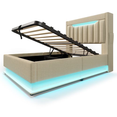 Lit Coffre Enfant 90x200 Cm, Lit Simple Avec Charge USB Type-c, LED Et Rangement, Lin, Beige