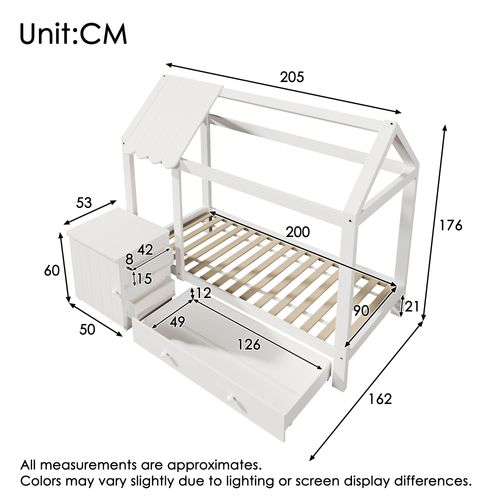 Lit Cabane Enfant 90x200 Avec Tiroir Et Table De Chevet Amovible, Bois Massif Et Mdf, Blanc Et Chêne