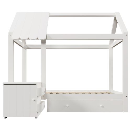 Lit Cabane Enfant 90x200 Avec Tiroir Et Table De Chevet Amovible, Bois Massif Et Mdf, Blanc Et Chêne