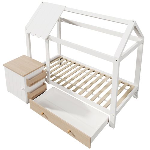 Lit Cabane Enfant 90x200 Avec Tiroir Et Table De Chevet Amovible, Bois Massif Et Mdf, Blanc Et Chêne