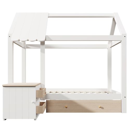 Lit Cabane Enfant 90x200 Avec Tiroir Et Table De Chevet Amovible, Bois Massif Et Mdf, Blanc Et Chêne