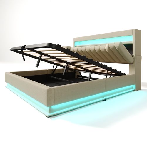 Lit Coffre Adulte 140x200 Cm, Lit Double Avec USB/type-c, LED Et Rangement, Lin, Beige