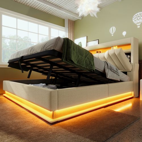 Lit Coffre Adulte 180x200 Cm, Lit Double Avec USB/type-c, LED Et Rangement, Lin, Beige