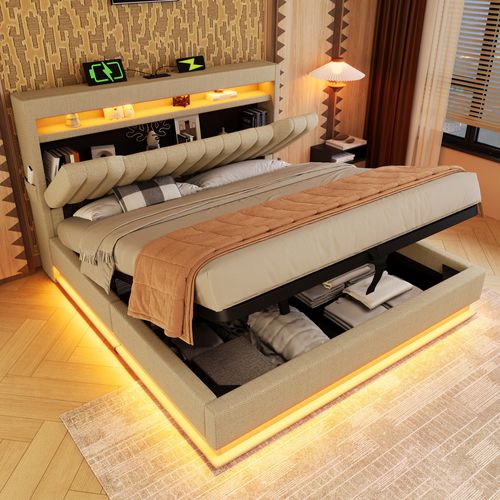 Lit Coffre Adulte 180x200 Cm, Lit Double Avec USB/type-c, LED Et Rangement, Lin, Beige