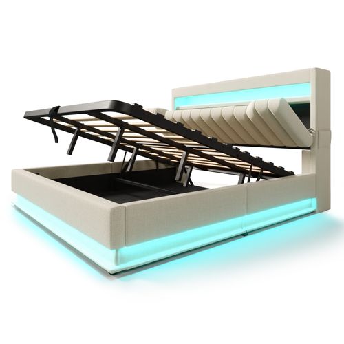 Lit Coffre Adulte 180x200 Cm, Lit Double Avec USB/type-c, LED Et Rangement, Lin, Beige