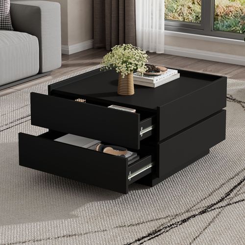 Table Basse 60x60x38cm Pivotante 360° 2 Tiroirs de rangement, Panneaux De Particules Noir