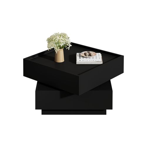 Table Basse 60x60x38cm Pivotante 360° 2 Tiroirs de rangement, Panneaux De Particules Noir