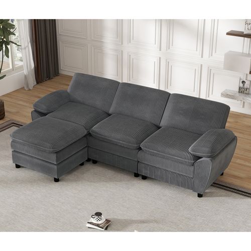 Canapé Modulaire 258x86,1x87,8 Cm 3 Places Avec Ottoman Amovible, En Velours Côtelé, Gris Foncé