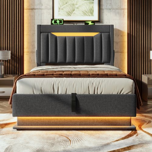 Lit Coffre Enfant 90x200 Cm, Lit Simple Avec Charge USB Type-c, LED Et Rangement, Lin, Gris