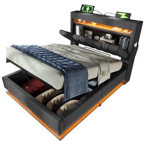 Lit Coffre Enfant 90x200 Cm, Lit Simple Avec Charge USB Type-c, LED Et Rangement, Lin, Gris