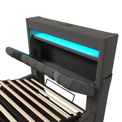 Lit Coffre Enfant 90x200 Cm, Lit Simple Avec Charge USB Type-c, LED Et Rangement, Lin, Gris