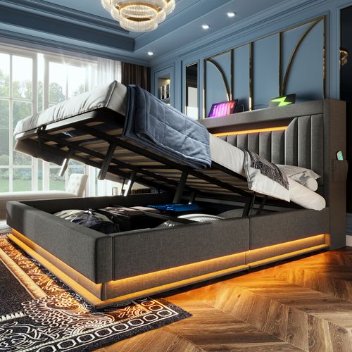 Lit Coffre Adulte 180x200 Cm, Lit Double Avec USB/type-c, LED Et Rangement, Lin, Gris