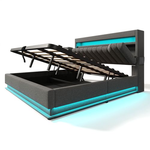 Lit Coffre Adulte 180x200 Cm, Lit Double Avec USB/type-c, LED Et Rangement, Lin, Gris