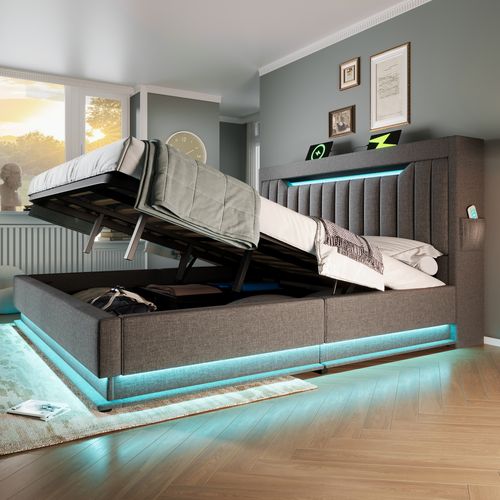 Lit Coffre Adulte 140x200 Cm, Lit Double Avec USB/type-c, LED Et Rangement, Lin, Gris