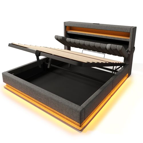 Lit Coffre Adulte 140x200 Cm, Lit Double Avec USB/type-c, LED Et Rangement, Lin, Gris