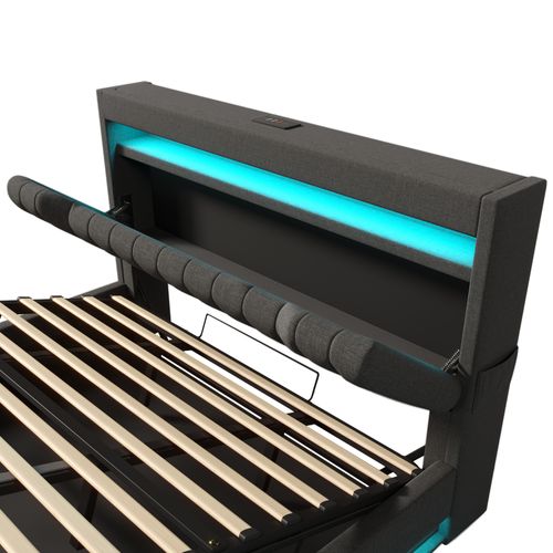 Lit Coffre Adulte 140x200 Cm, Lit Double Avec USB/type-c, LED Et Rangement, Lin, Gris