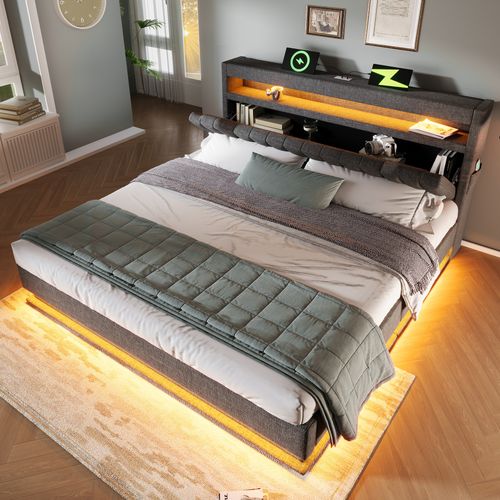 Lit Coffre Adulte 160x200 Cm, Lit Double Avec USB, Type-c, LED Et Rangement , En Lin, Gris