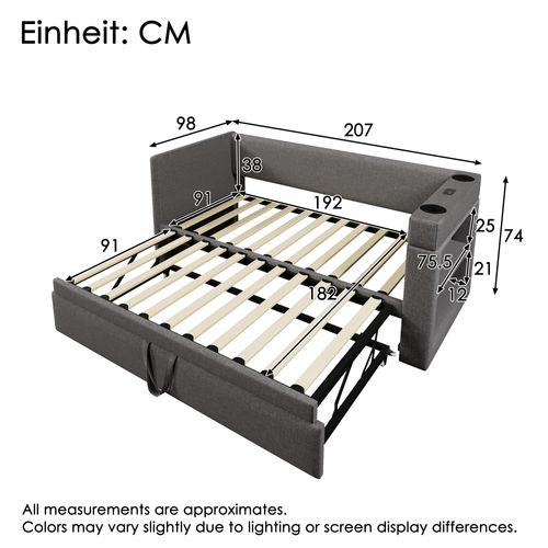 Lit Gigogne Extensible 90x190 Cm Avec USB, Type-c, Porte-gobelets, Sommier à Lattes, En Lin, Gris