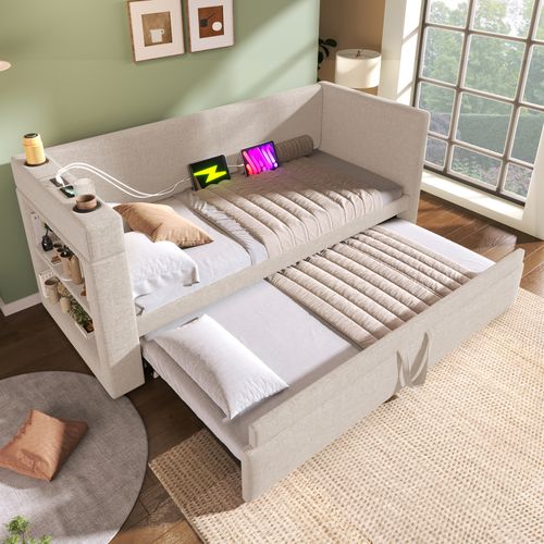 Lit Gigogne Extensible 90x190 Cm Avec USB, Type-c, Porte-gobelets, Sommier à Lattes, En Lin, Beige