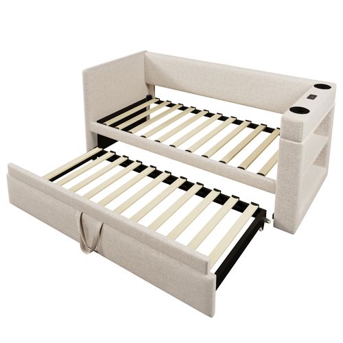 Lit Gigogne Extensible 90x190 Cm Avec USB, Type-c, Porte-gobelets, Sommier à Lattes, En Lin, Beige