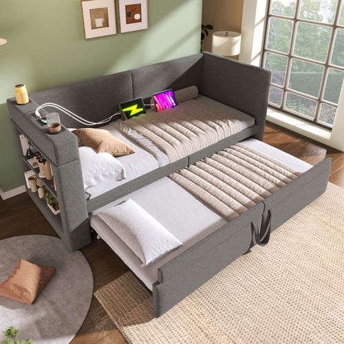 Lit Gigogne Extensible 90x200 Cm Avec USB, Type-c, Sommier à Lattes, Porte-gobelets, En Lin, Gris