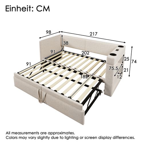 Lit Gigogne Extensible 90x200 Cm Avec USB, Type-c, Sommier à Lattes, Porte-gobelets, En Lin, Beige