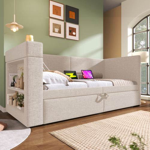 Lit Gigogne Extensible 90x200 Cm Avec USB, Type-c, Sommier à Lattes, Porte-gobelets, En Lin, Beige