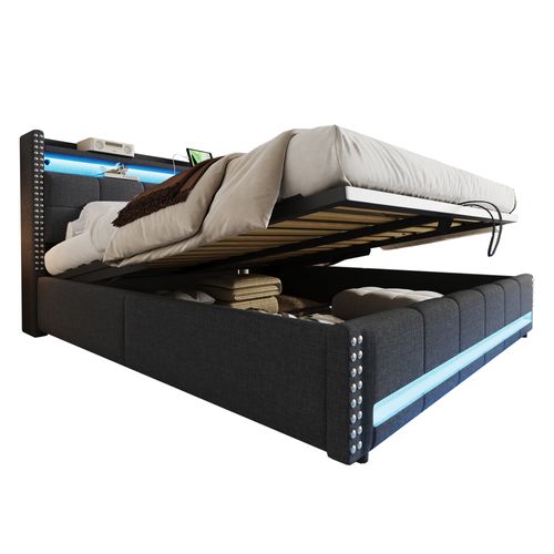 Lit Coffre Adulte180x200 Cm Lit Double Capitonné Avec Éclairage LED Et Prise USB, Lin, Gris