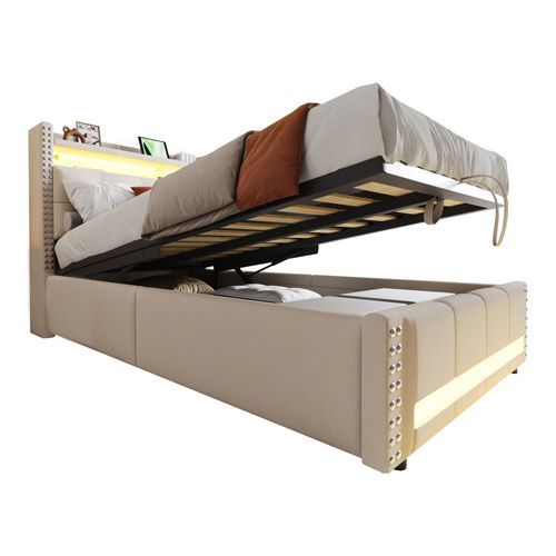 Lit Coffre Enfant 90 X 200 Cm Avec LED, USB , Espace De Rangement Hydraulique, Lin, Beige