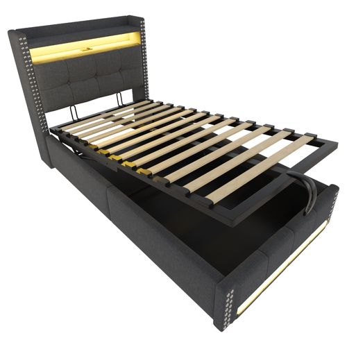 Lit Coffre Enfant 90x200 Cm Lit Simple Capitonné Avec Éclairage LED Et Prise USB, Lin, Gris