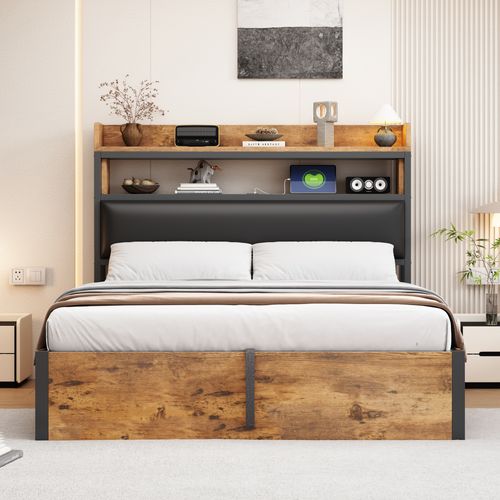 Lit Double Adulte 140 X 200 Cm Avec Rangement Hydraulique, Port USB, Coloris Bois