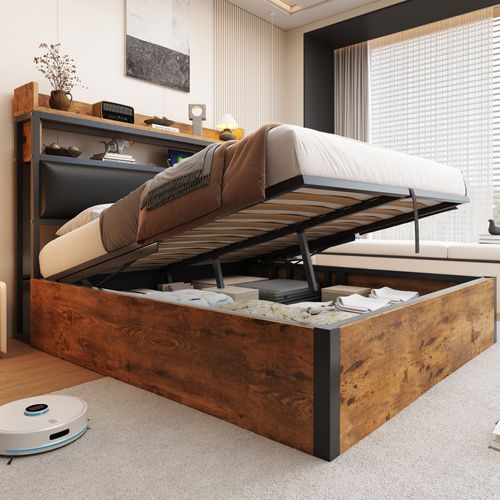 Lit Double Adulte 140 X 200 Cm Avec Rangement Hydraulique, Port USB, Coloris Bois