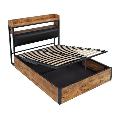 Lit Double Adulte 140 X 200 Cm Avec Rangement Hydraulique, Port USB, Coloris Bois