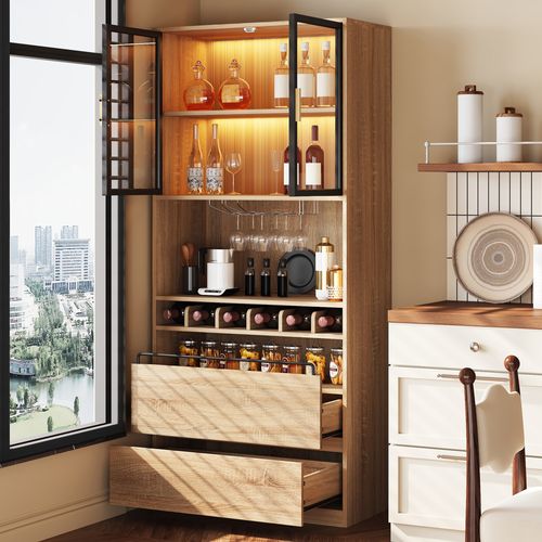 Buffet De Cuisine 80x40x180 Cm Avec 2 Portes En Verre, 2 Tiroirs, LED, Rangement, Mdf, Naturel