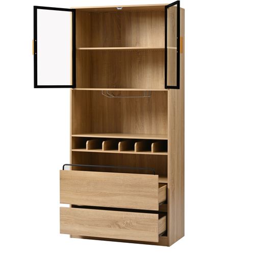 Buffet De Cuisine 80x40x180 Cm Avec 2 Portes En Verre, 2 Tiroirs, LED, Rangement, Mdf, Naturel