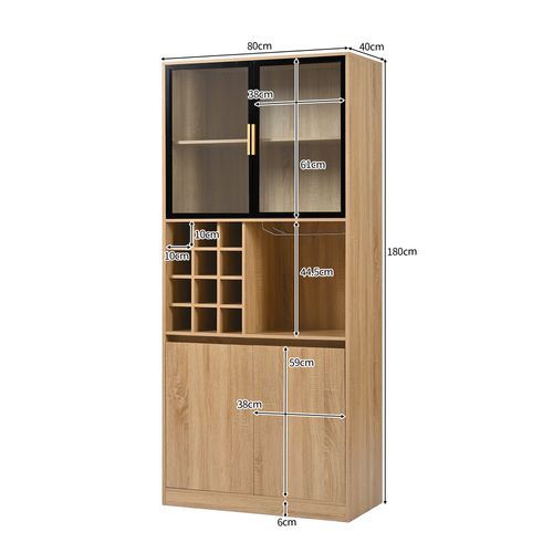 Buffet De Cuisine 80x40x180 Cm Avec 4 Portes, Éclairage LED, Rangements Ouverts, En Mdf, Naturel